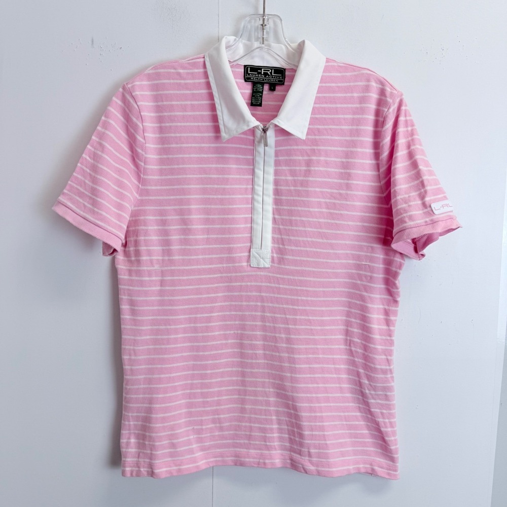 Lauren Active Ralph Lauren Pink White Striped Quarter Zip Polo Shirt Womens L